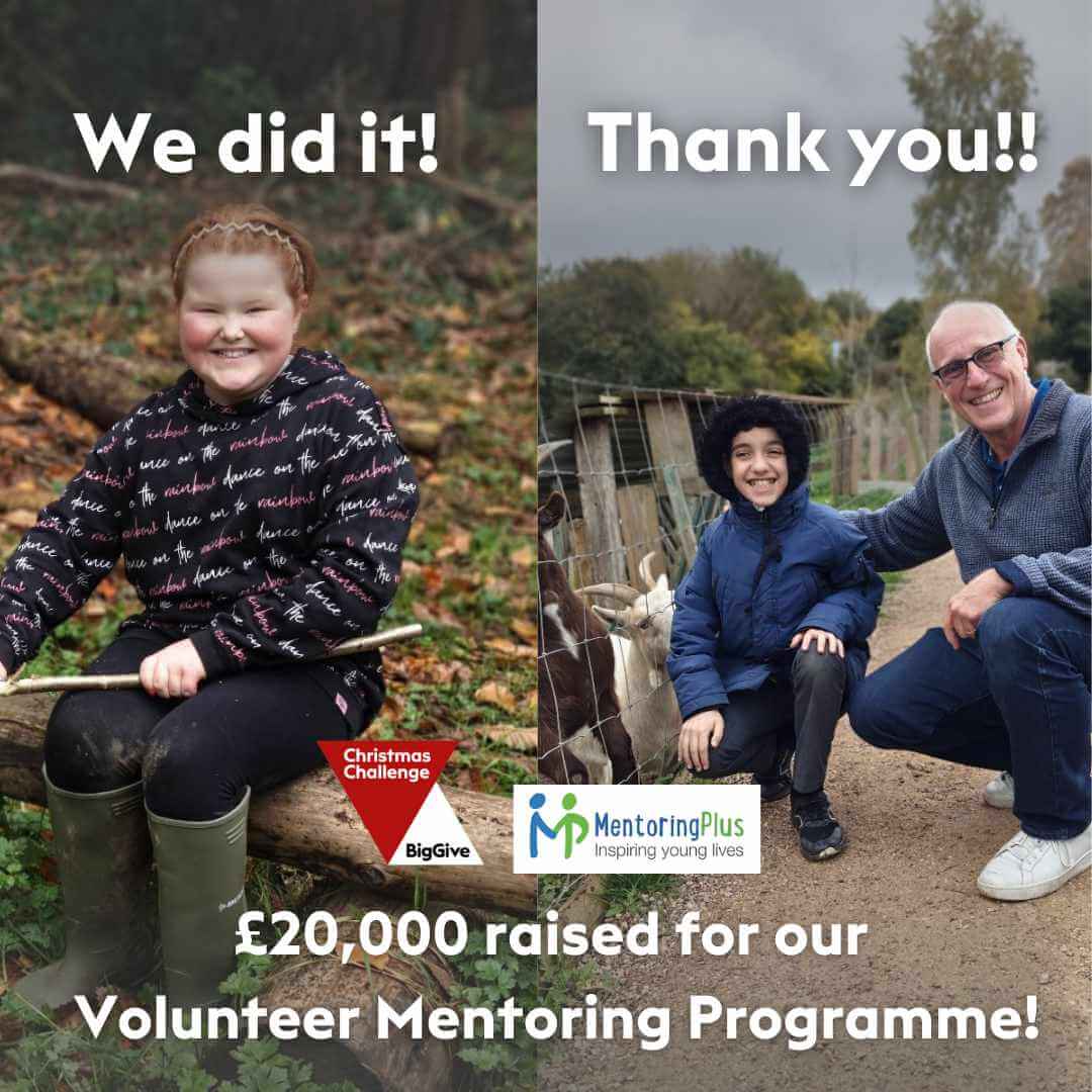 Big Give campaign graphic celebrating £20,000 raised for the Volunteer Mentoring Programme