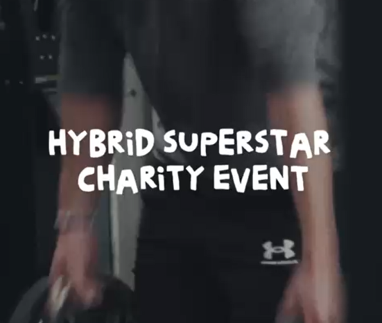 Screenshot of event video - there is someone exercising, with the copy 'hybrid superstar charity event' on top