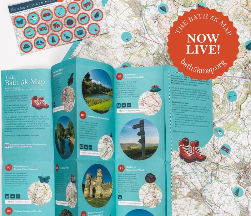 The Bath 5k Map leaflet laid out showing illustrated walking routes, with a Now live badge for bath5kmap.org