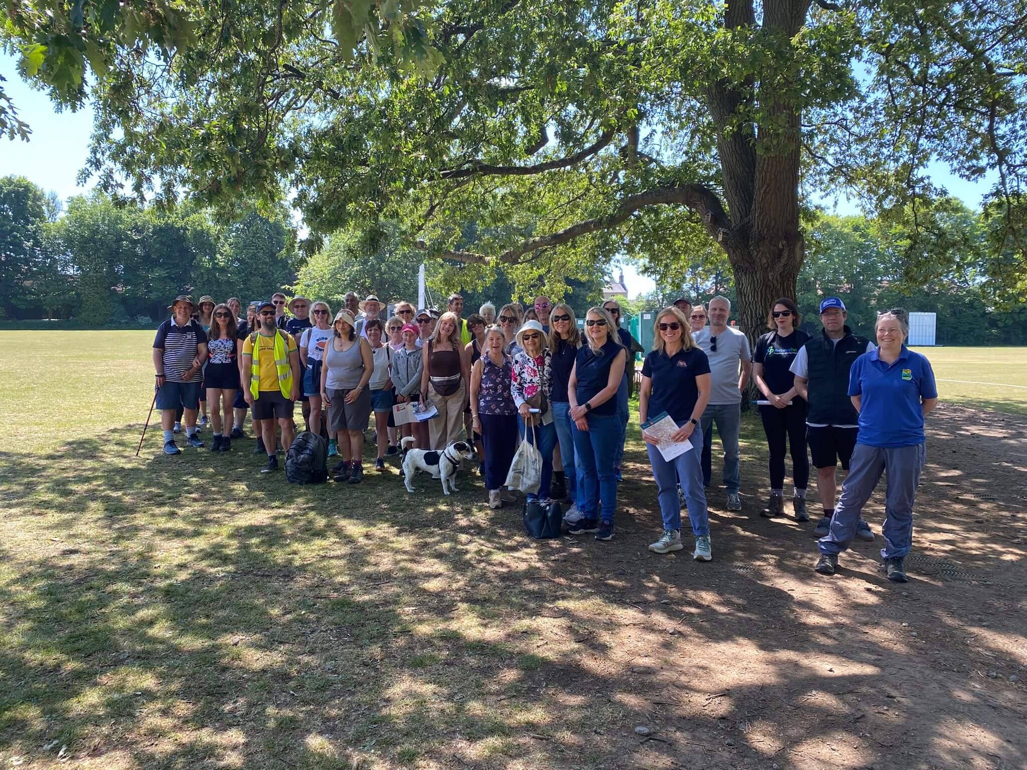 A large group of supporters gathered under a tree in a park, ready to start a fundraising walk